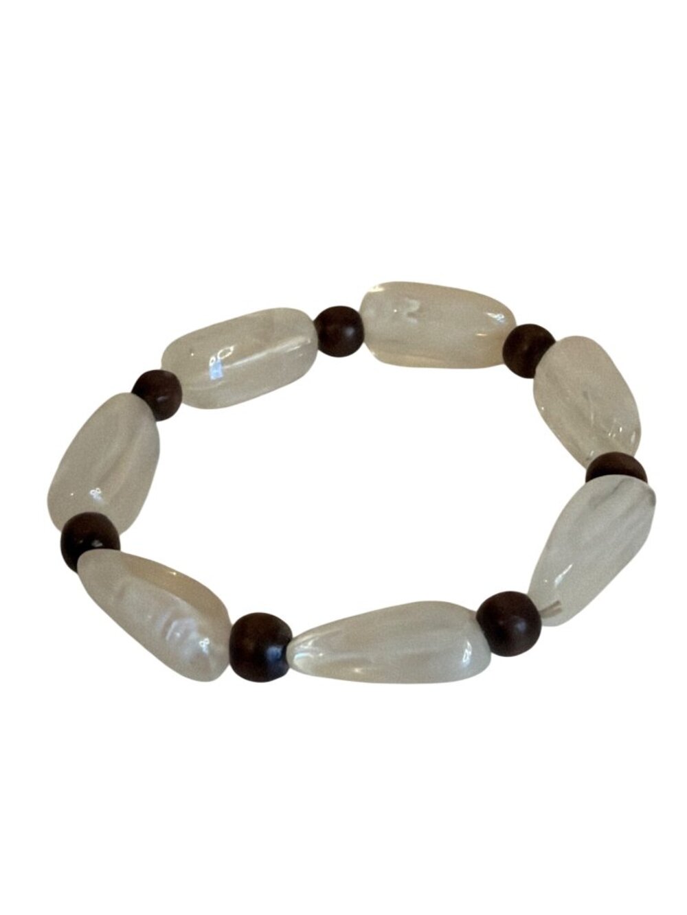 Beaded Stretch Bracelet Frosted White & Brown Beads Chunky Stackable Elegant